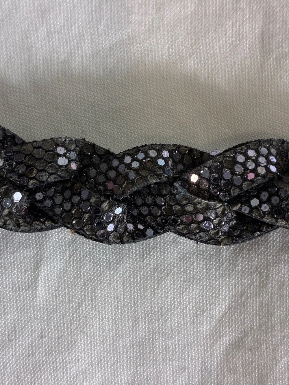 Women's belt 34” Sparkle Black Faux Leather Iridescent Finish braided